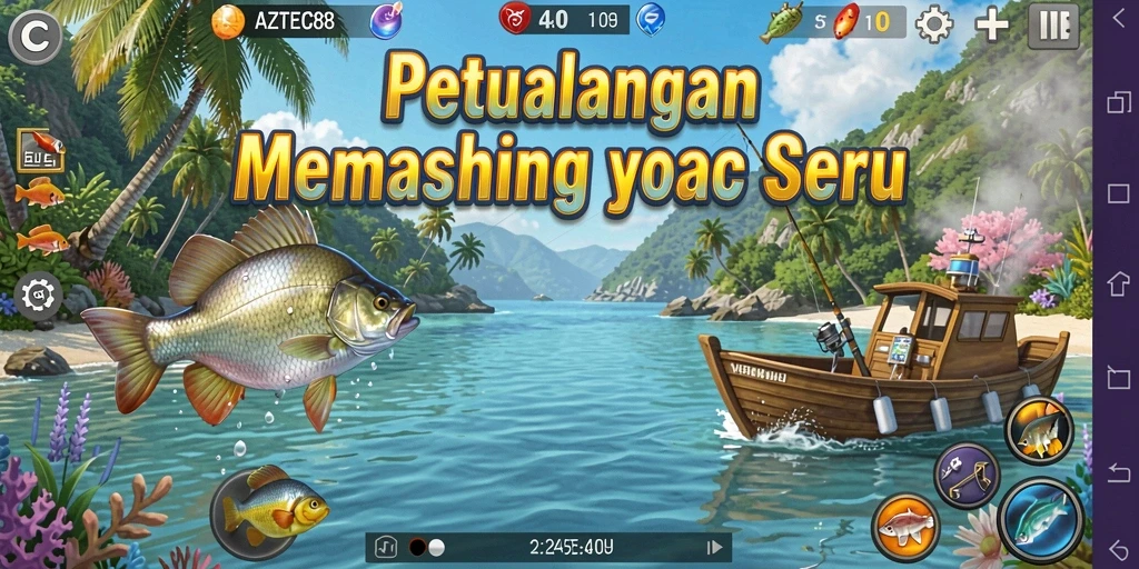 Screenshot gameplay AZTEC88 menampilkan momen menangkap ikan yang mendebarkan.