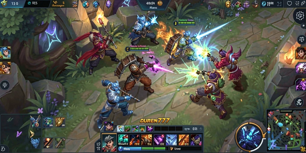 Screenshot DUREN777 menampilkan aksi seru pertempuran MOBA.