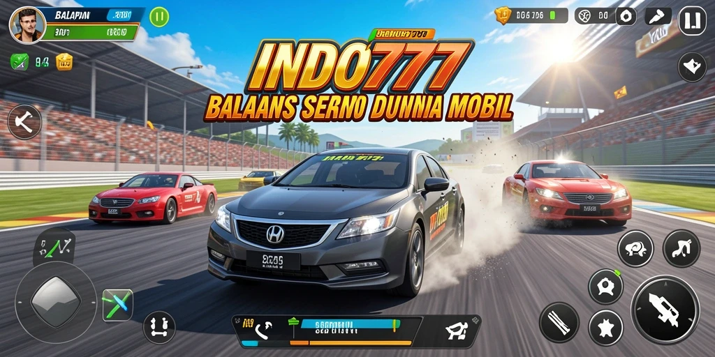 Screenshot utama dari gameplay seru INDO777 yang memperlihatkan aksi balapan.
