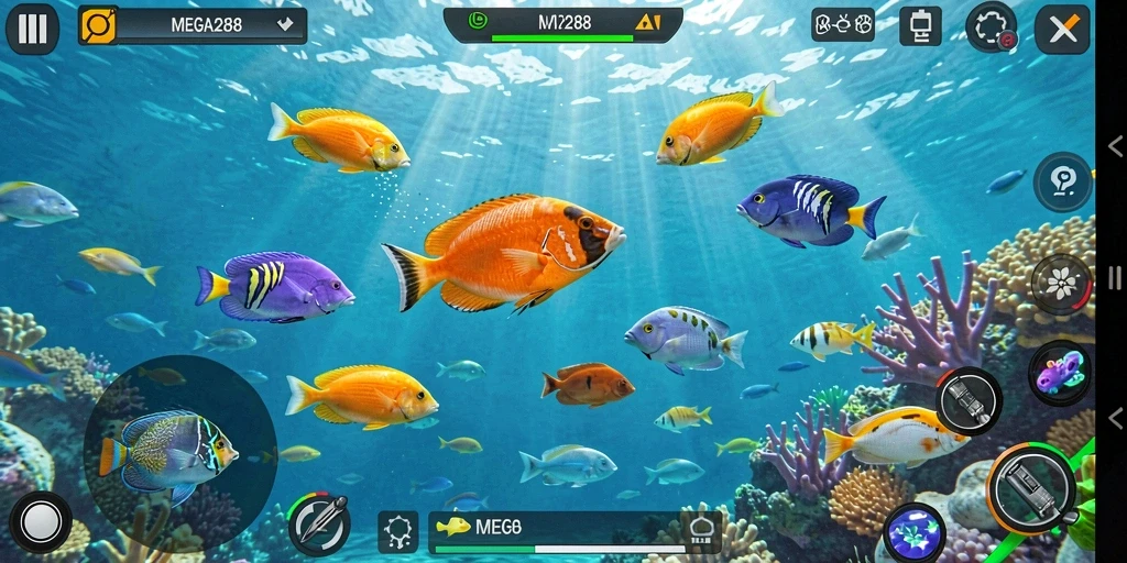 Tampilan gameplay MEGA288 yang menampilkan aksi menembak ikan.