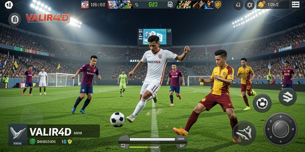 Tangkapan layar utama VALIR4D menampilkan aksi pertandingan sepak bola yang mendebarkan.